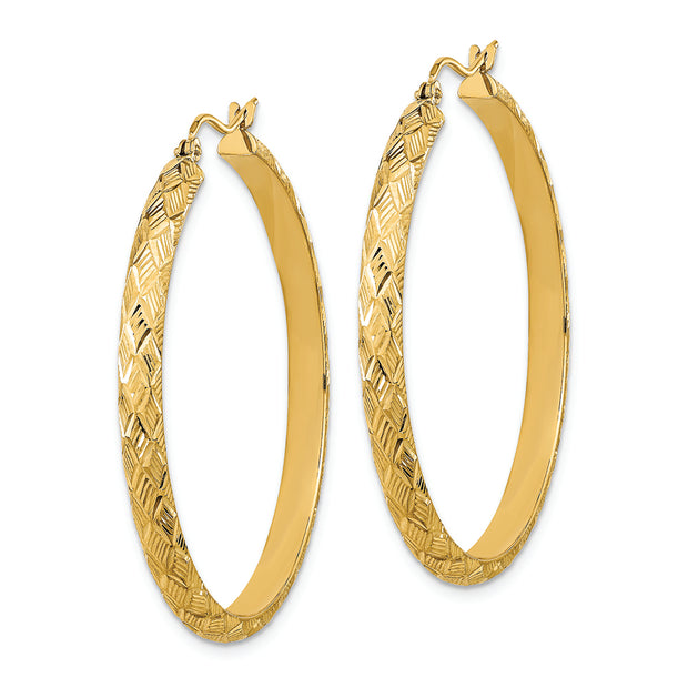 14K Polished and Textured Fancy Diamond Cut Hoop Earrings