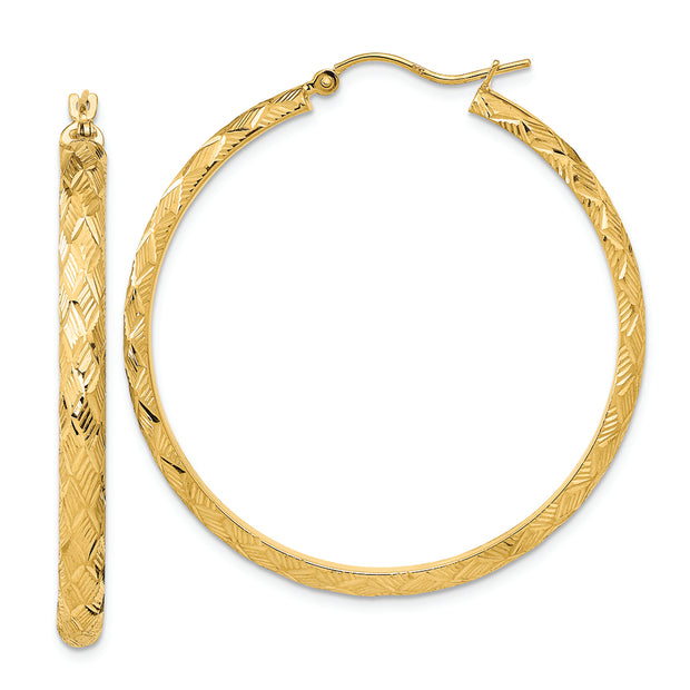14K Polished and Textured Fancy Diamond Cut Hoop Earrings