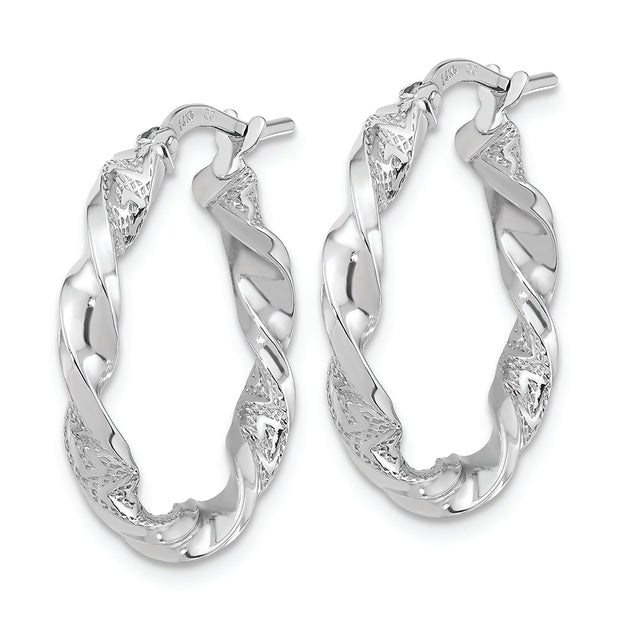 14k White Gold Polished and Textured Twisted Hoop Earrings
