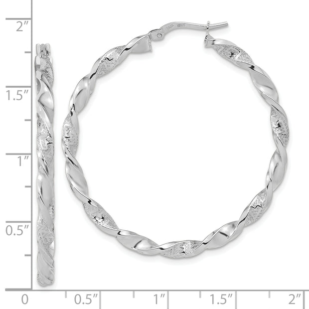14k White Gold Polished and Textured Twisted Hoop Earrings