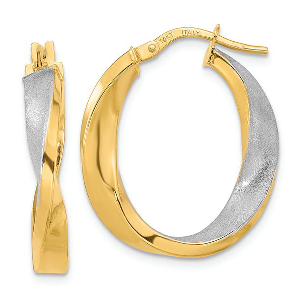 14K w/White Rhodium Polished and Satin Oval Twist Hoop Earrings