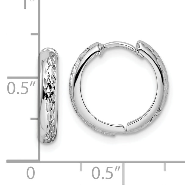 14k White Gold Polished Textured 3x15mm Hinged Hoop Earrings
