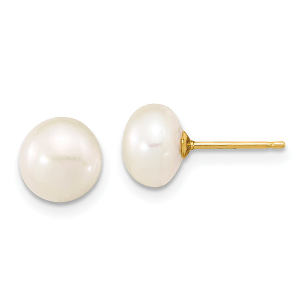 14K 7-8mm Near Round White FWC Pearl Necklace & Button Earring Set