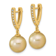 14K 10-11mm Round Golden Saltwater South Sea Pearl .105ct. Dia. Dangle Earr