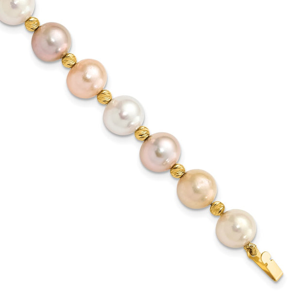 14K 8-9mm Semi-round Pink Purple White FWC Pearl D/C Beaded Bracelet