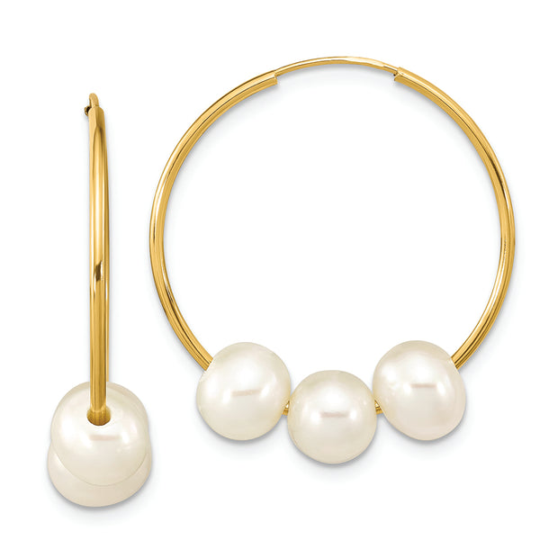14K 6-7mm Semi-round White FWC Pearl Hoop Dangle Earrings