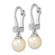 14K White Gold 7-8mm Round White Saltwater Akoya Pearl .05ct Dangle Earring
