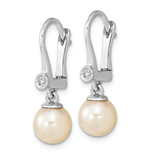 14K White Gold 7-8mm Round White Saltwater Akoya Pearl .05ct Dangle Earring