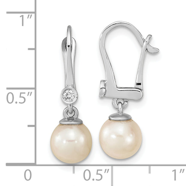 14K White Gold 7-8mm Round White Saltwater Akoya Pearl .05ct Dangle Earring