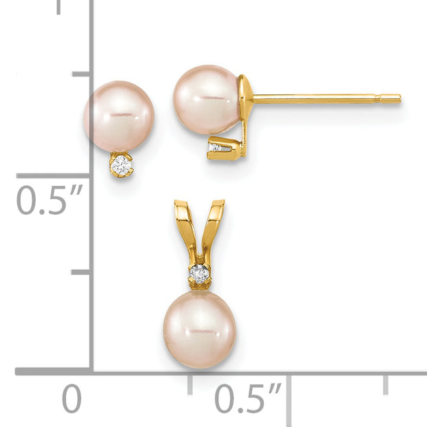 14K Madi K 4-5mm Rd Pink FWC Pearl .03ct. Diamond Earring and Pendant Set