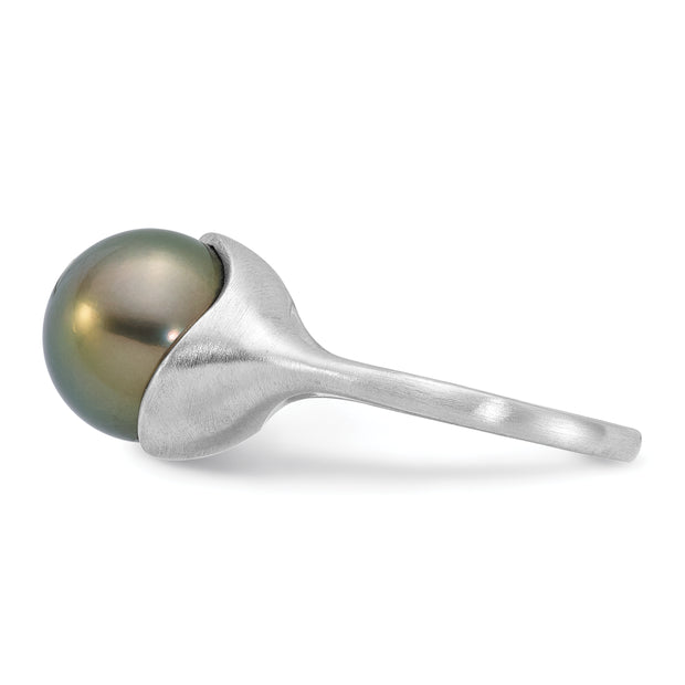 14K White Gold Brushed 10-11mm Round Black Tahitian Pearl Ring