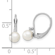 14K White Gold 5-6mm Round White FWC Pearl .02ct. Dia. Leverback Earrings