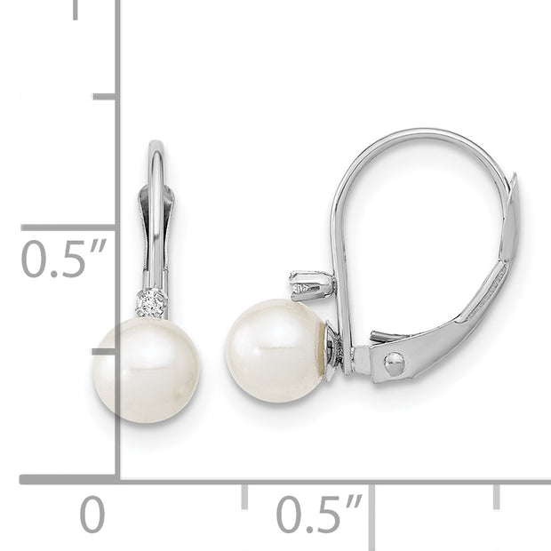 14K White Gold 5-6mm Round White FWC Pearl .02ct. Dia. Leverback Earrings
