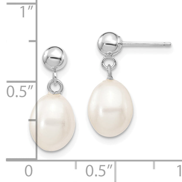 14kw 7-8mm White Rice Freshwater Cultured Pearl Dangle Post Earrings