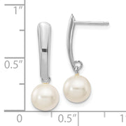 14K White Gold 6-7mm Round White FWC Pearl Dangle Earrings