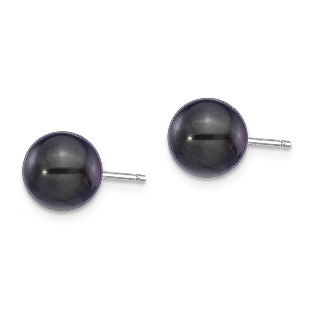 14K White Gold 7-8mm Round Black Saltwater Akoya Cultured Pearl Earrings
