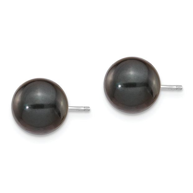 14K White Gold 8-9mm Round Black Saltwater Akoya Cultured Pearl Earrings