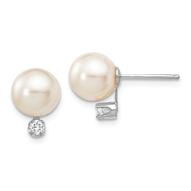 14K White Gold 7-8mm Round White Saltwater Akoya .10ct. Diamond Earrings