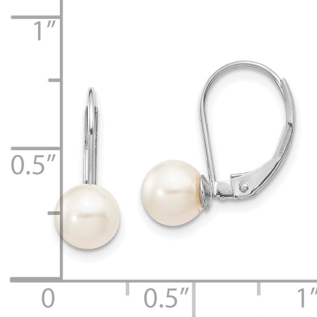 14K White Gold 6-7mm Round White Akoya Pearl Leverback Earrings