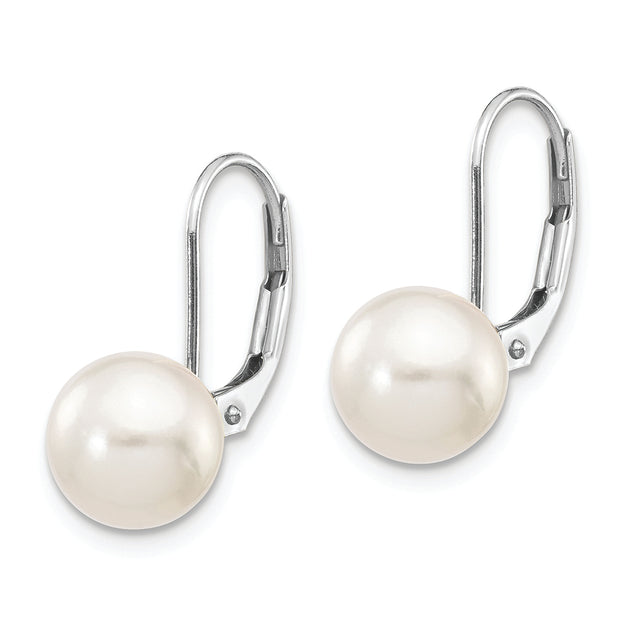 14K White Gold 8-9mm Round White Saltwater Akoya Leverback Earrings