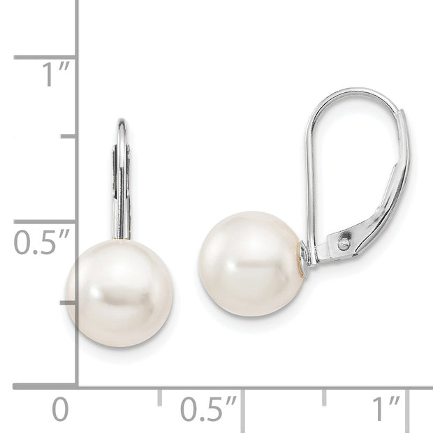 14K White Gold 8-9mm Round White Saltwater Akoya Leverback Earrings