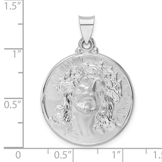 14k White Gold Polished and Satin Hollow Jesus Face Disc Pendant