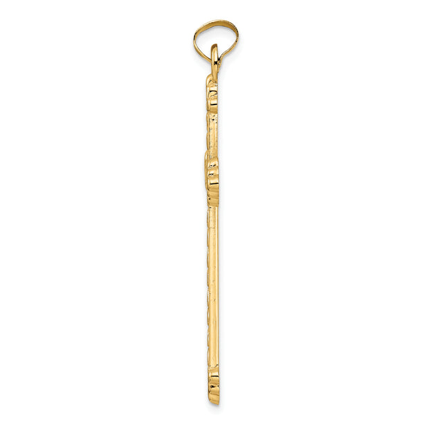 14k Polished and Textured Hollow Hearts Cross Pendant