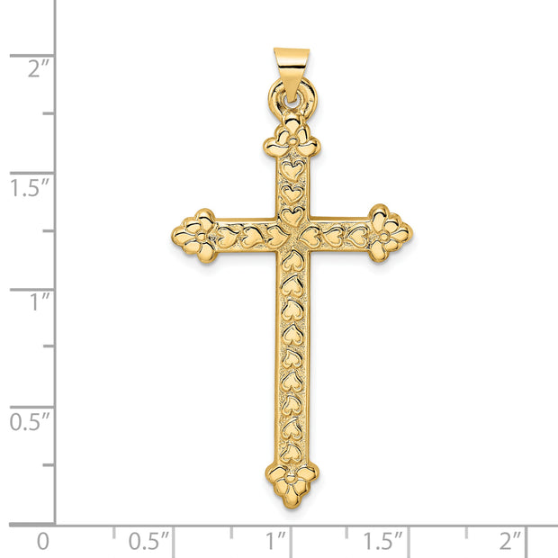 14k Polished and Textured Hollow Hearts Cross Pendant