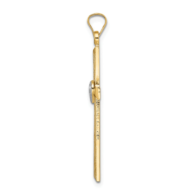 14k Two-tone Solid Double Hearts Cross Pendant