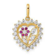 14K Polished White & Pink CZ Flower Heart Pendant