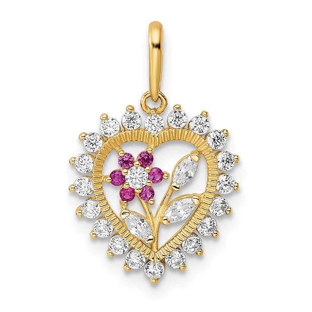 14K Polished White & Pink CZ Flower Heart Pendant